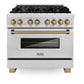 ZLINE Autograph Edition 36 in. 4.6 cu. ft. Legacy Dual Fuel Range with 6 Burner Gas Cooktop and Electric Convection Oven in Satin Stainless Steel and Champagne Bronze Accents (RASZ-SN-36-CB) front.