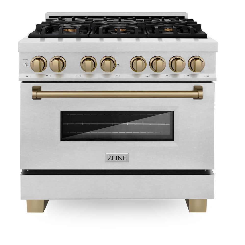 ZLINE Autograph Edition 36 in. 4.6 cu. ft. Legacy Dual Fuel Range with 6 Burner Gas Cooktop and Electric Convection Oven in Satin Stainless Steel and Champagne Bronze Accents (RASZ-SN-36-CB) front.