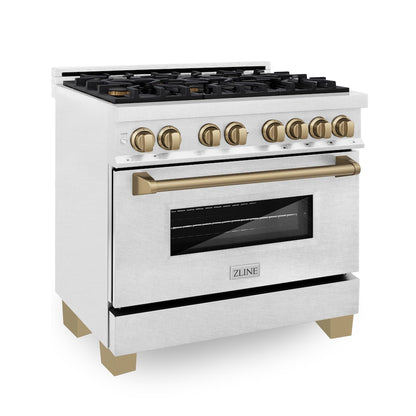 ZLINE Autograph Edition 36 in. 4.6 cu. ft. Legacy Dual Fuel Range with 6 Burner Gas Cooktop and Electric Convection Oven in Satin Stainless Steel and Champagne Bronze Accents, Open Box-Good Condition