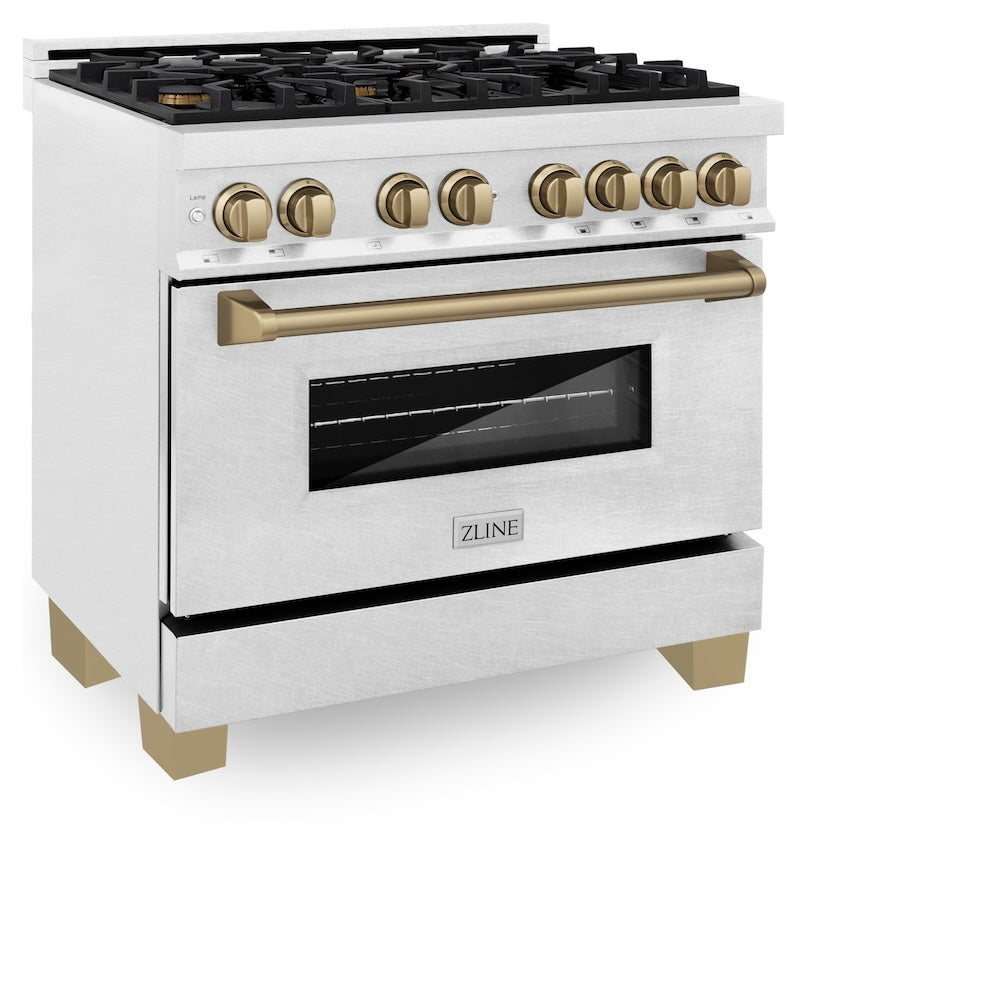 ZLINE Autograph Edition 36 in. 4.6 cu. ft. Legacy Dual Fuel Range with 6 Burner Gas Cooktop and Electric Convection Oven in Satin Stainless Steel and Champagne Bronze Accents (RASZ-SN-36-CB) side.