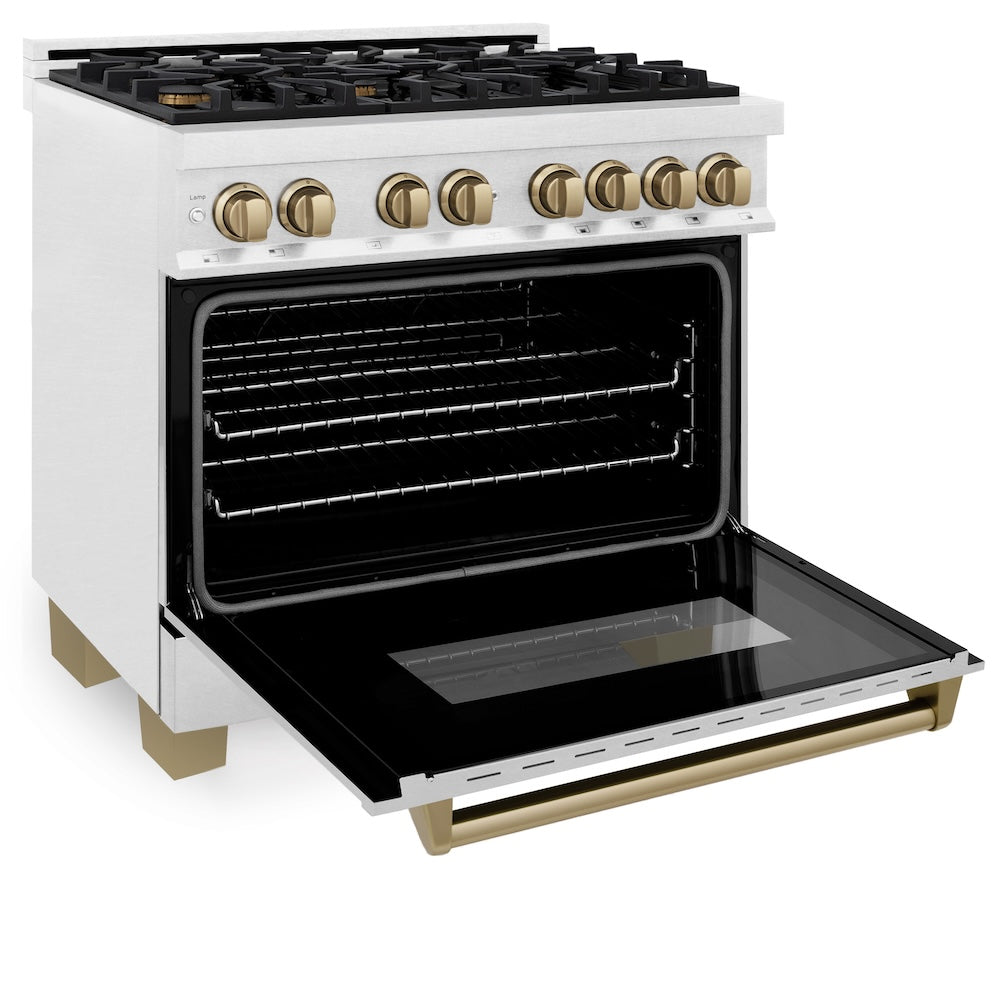 ZLINE Autograph Edition 36 in. 4.6 cu. ft. Legacy Dual Fuel Range with 6 Burner Gas Cooktop and Electric Convection Oven in Satin Stainless Steel and Champagne Bronze Accents (RASZ-SN-36-CB) side, oven open.