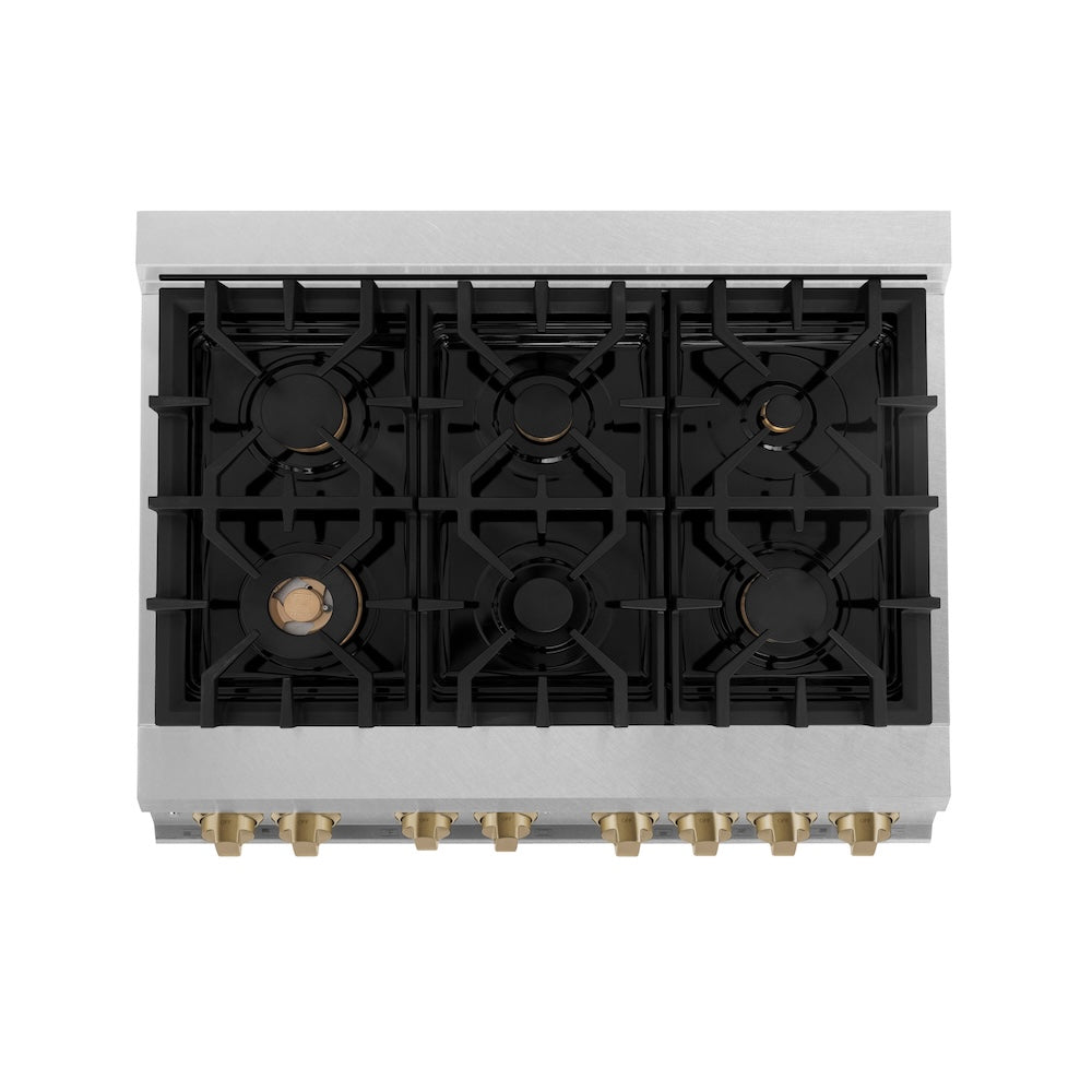 ZLINE Autograph Edition 36 in. 4.6 cu. ft. Legacy Dual Fuel Range with 6 Burner Gas Cooktop and Electric Convection Oven in Satin Stainless Steel and Champagne Bronze Accents, Open Box-Good Condition