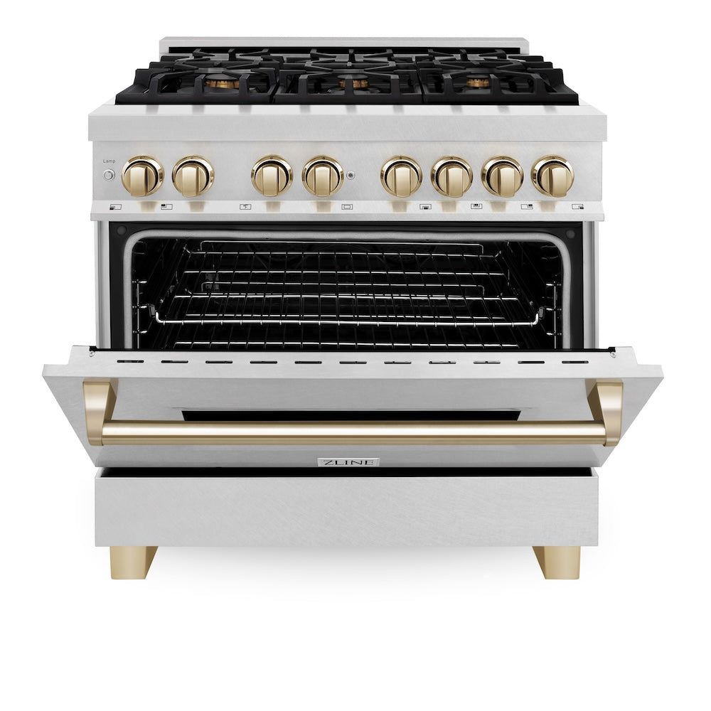 ZLINE Autograph Edition 36 in. 4.6 cu. ft. Legacy Dual Fuel Range with 6 Burner Gas Cooktop and Electric Convection Oven in Satin Stainless Steel and Polished Gold Accents, Open Box-Good Condition