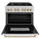 ZLINE Autograph Edition 36 in. 4.6 cu. ft. Legacy Dual Fuel Range with 6 Burner Gas Cooktop and Electric Convection Oven in Satin Stainless Steel and Polished Gold Accents (RASZ-SN-36-G) front, oven open.