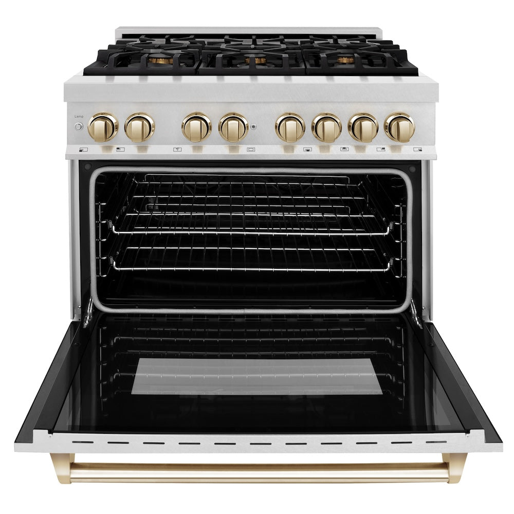 ZLINE Autograph Edition 36 in. 4.6 cu. ft. Legacy Dual Fuel Range with 6 Burner Gas Cooktop and Electric Convection Oven in Satin Stainless Steel and Polished Gold Accents (RASZ-SN-36-G) front, oven open.