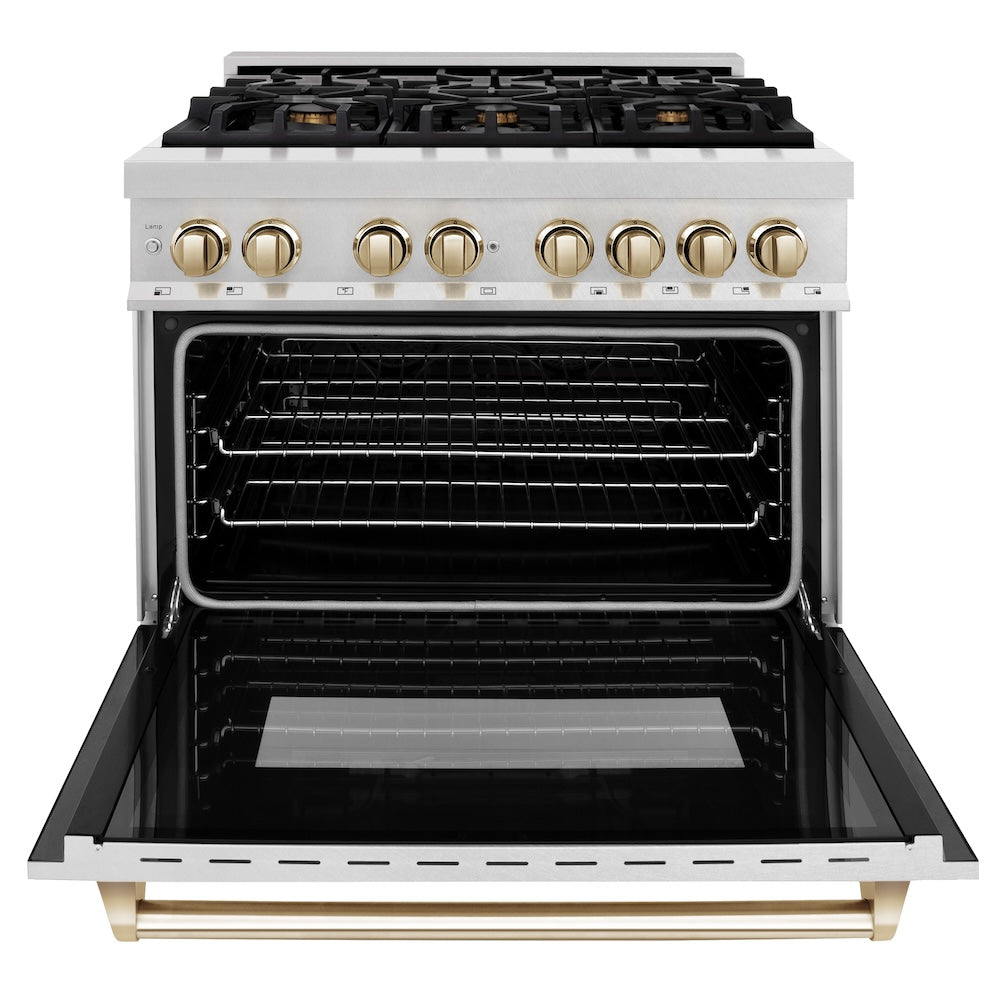 ZLINE Autograph Edition 36 in. 4.6 cu. ft. Legacy Dual Fuel Range with 6 Burner Gas Cooktop and Electric Convection Oven in Satin Stainless Steel and Polished Gold Accents, Open Box-Good Condition