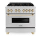 ZLINE Autograph Edition 36 in. 4.6 cu. ft. Legacy Dual Fuel Range with 6 Burner Gas Cooktop and Electric Convection Oven in Satin Stainless Steel and Polished Gold Accents (RASZ-SN-36-G) front.