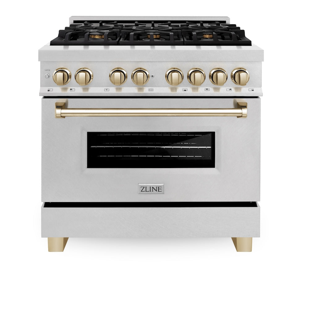 ZLINE Autograph Edition 36 in. 4.6 cu. ft. Legacy Dual Fuel Range with 6 Burner Gas Cooktop and Electric Convection Oven in Satin Stainless Steel and Polished Gold Accents (RASZ-SN-36-G) front.