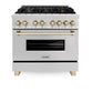 ZLINE Autograph Edition 36 in. 4.6 cu. ft. Legacy Dual Fuel Range with 6 Burner Gas Cooktop and Electric Convection Oven in Satin Stainless Steel and Polished Gold Accents, Open Box-Good Condition