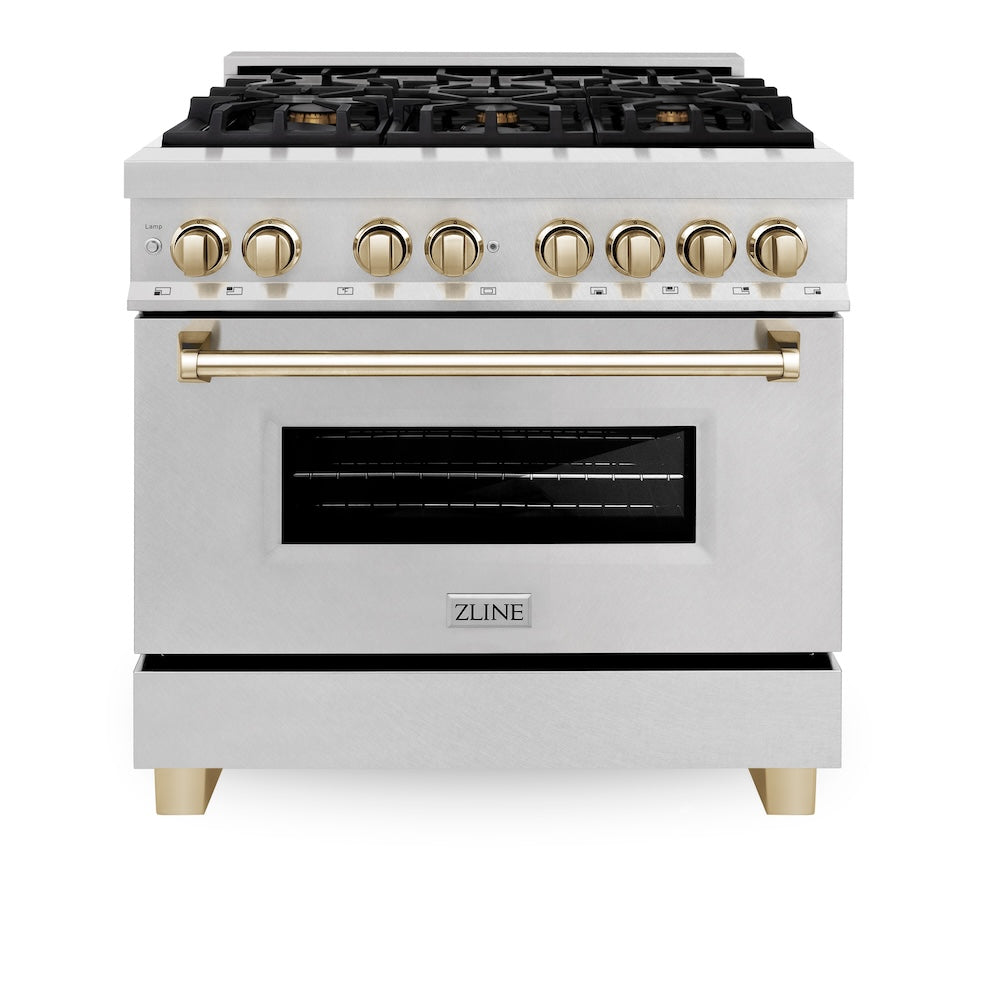 ZLINE Autograph Edition 36 in. 4.6 cu. ft. Legacy Dual Fuel Range with 6 Burner Gas Cooktop and Electric Convection Oven in Satin Stainless Steel and Polished Gold Accents, Open Box-Good Condition