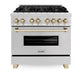 ZLINE Autograph Edition 36 in. 4.6 cu. ft. Legacy Dual Fuel Range with 6 Burner Gas Cooktop and Electric Convection Oven in Satin Stainless Steel and Polished Gold Accents, Open Box-Great Condition