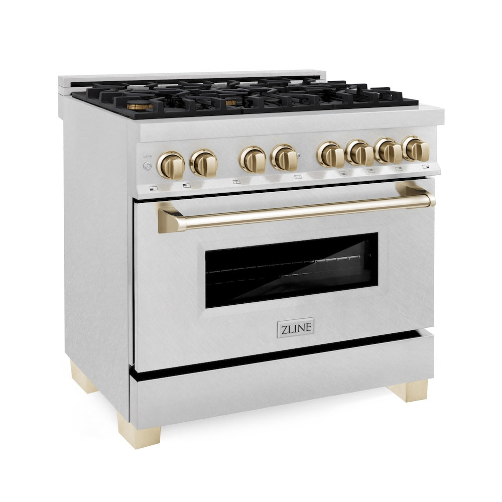 ZLINE Autograph Edition 36 in. 4.6 cu. ft. Legacy Dual Fuel Range with 6 Burner Gas Cooktop and Electric Convection Oven in Satin Stainless Steel and Polished Gold Accents (RASZ-SN-36-G)