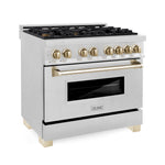 ZLINE Autograph Edition 36 in. 4.6 cu. ft. Legacy Dual Fuel Range with 6 Burner Gas Cooktop and Electric Convection Oven in Satin Stainless Steel and Polished Gold Accents, Open Box-Good Condition