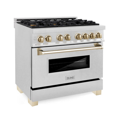ZLINE Autograph Edition 36 in. 4.6 cu. ft. Legacy Dual Fuel Range with 6 Burner Gas Cooktop and Electric Convection Oven in Satin Stainless Steel and Polished Gold Accents, Open Box-Good Condition