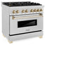 ZLINE Autograph Edition 36 in. 4.6 cu. ft. Legacy Dual Fuel Range with 6 Burner Gas Cooktop and Electric Convection Oven in Satin Stainless Steel and Polished Gold Accents (RASZ-SN-36-G) side.