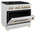 ZLINE Autograph Edition 36 in. 4.6 cu. ft. Legacy Dual Fuel Range with 6 Burner Gas Cooktop and Electric Convection Oven in Satin Stainless Steel and Polished Gold Accents, Open Box-Great Condition