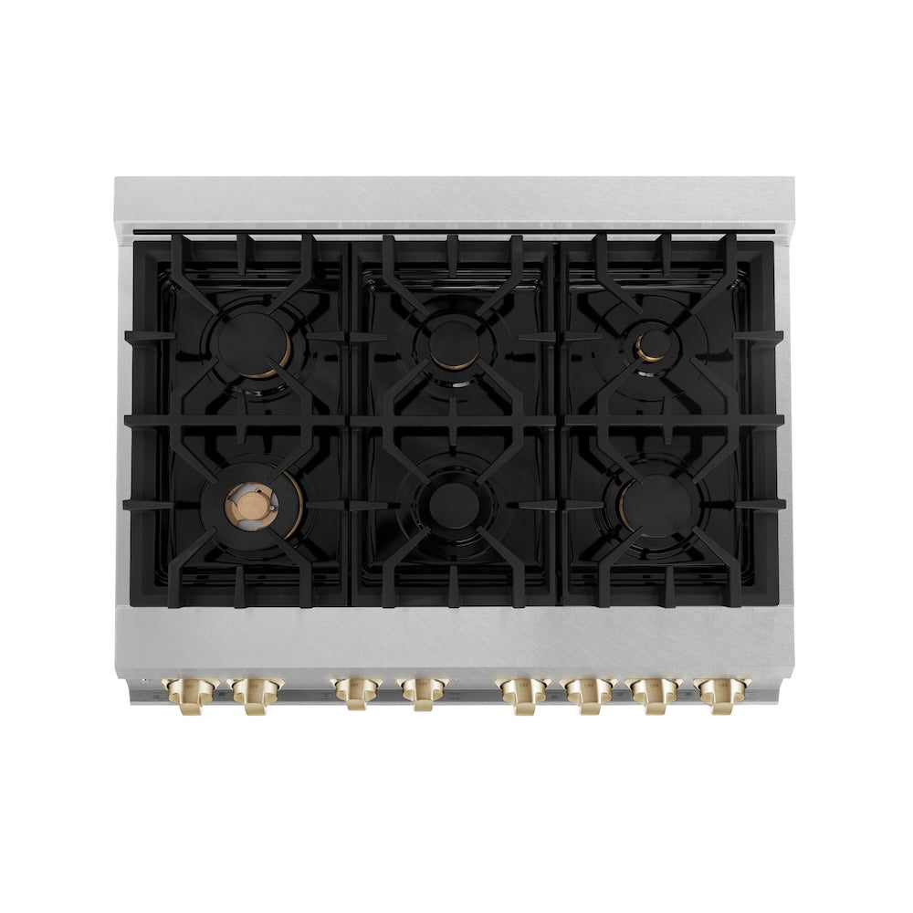 ZLINE Autograph Edition 36 in. 4.6 cu. ft. Legacy Dual Fuel Range with 6 Burner Gas Cooktop and Electric Convection Oven in Satin Stainless Steel and Polished Gold Accents, Open Box-Good Condition