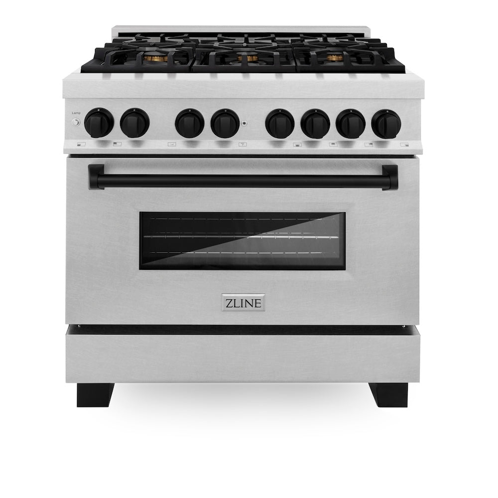 ZLINE Autograph Edition 36 in. 4.6 cu. ft. Legacy Dual Fuel Range with 6 Burner Gas Cooktop and Electric Convection Oven in Satin Stainless Steel and Matte Black Accents (RASZ-SN-36-MB) front.