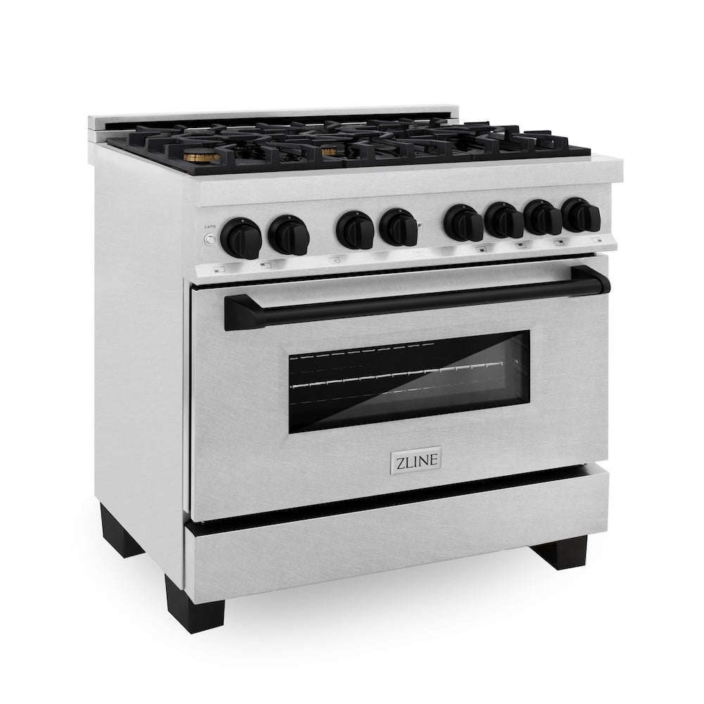 ZLINE Autograph Edition 36 in. 4.6 cu. ft. Legacy Dual Fuel Range with 6 Burner Gas Cooktop and Electric Convection Oven in Satin Stainless Steel and Matte Black Accents (RASZ-SN-36-MB) main image.