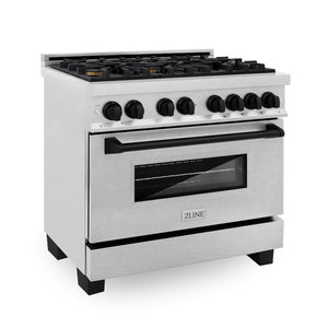 ZLINE Autograph Edition 36 in. 4.6 cu. ft. Legacy Dual Fuel Range with 6 Burner Gas Cooktop and Electric Convection Oven in Satin Stainless Steel and Matte Black Accents (RASZ-SN-36-MB) main image.