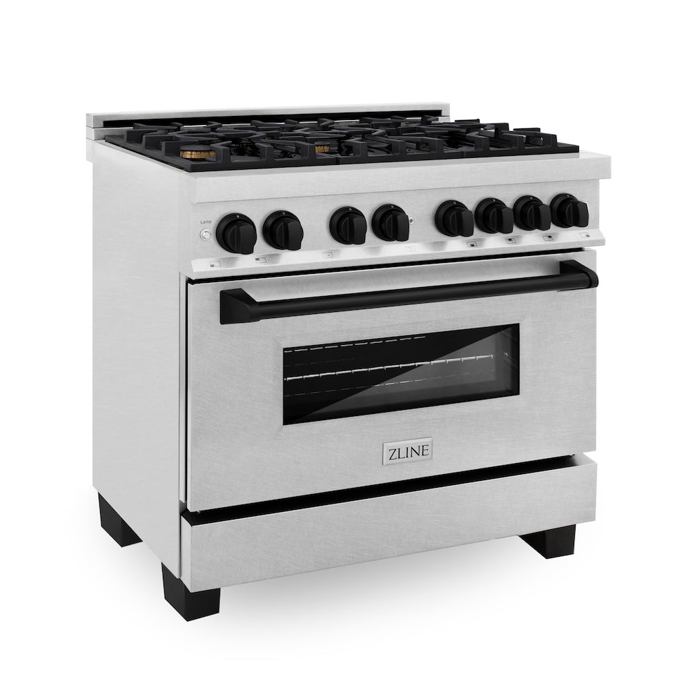 ZLINE Autograph Edition 36 in. 4.6 cu. ft. Legacy Dual Fuel Range with 6 Burner Gas Cooktop and Electric Convection Oven in Satin Stainless Steel and Matte Black Accents, Open Box-Good Condition