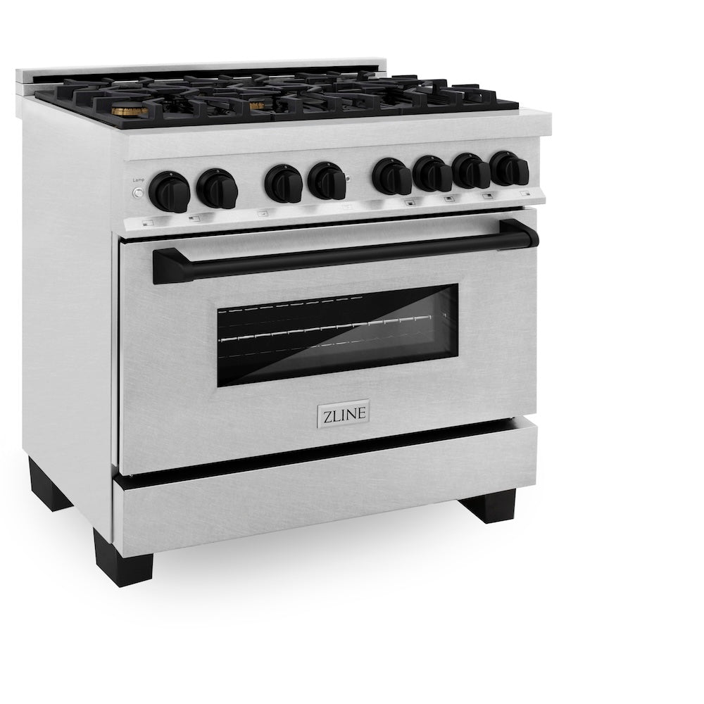 ZLINE Autograph Edition 36 in. 4.6 cu. ft. Legacy Dual Fuel Range with 6 Burner Gas Cooktop and Electric Convection Oven in Satin Stainless Steel and Matte Black Accents (RASZ-SN-36-MB) side.