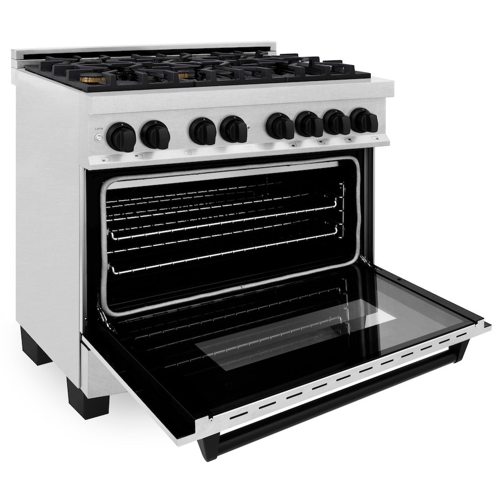 ZLINE Autograph Edition 36 in. 4.6 cu. ft. Legacy Dual Fuel Range with 6 Burner Gas Cooktop and Electric Convection Oven in Satin Stainless Steel and Matte Black Accents, Open Box-Good Condition