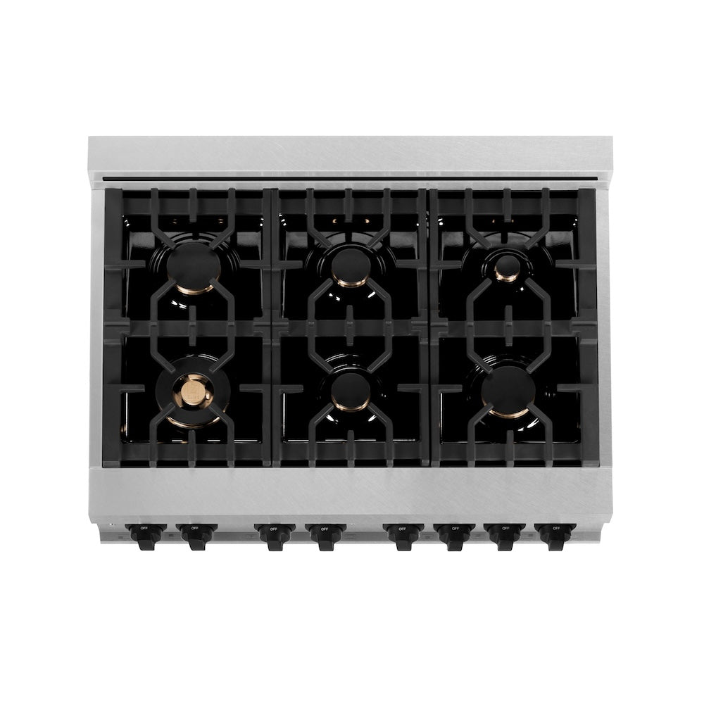 ZLINE Autograph Edition 36 in. 4.6 cu. ft. Legacy Dual Fuel Range with 6 Burner Gas Cooktop and Electric Convection Oven in Satin Stainless Steel and Matte Black Accents, Open Box-Good Condition