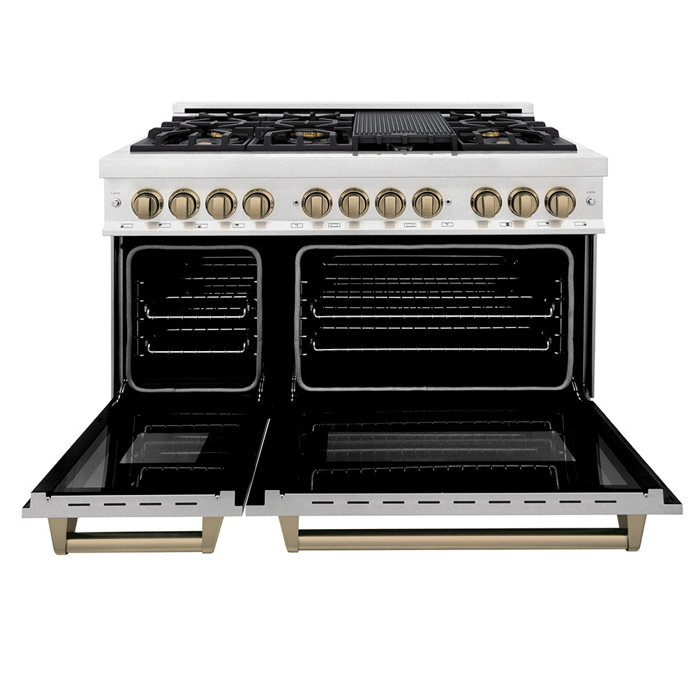 ZLINE Autograph Edition 48 in. 6.0 cu. ft. Legacy Dual Fuel Range with 7 Burner Gas Cooktop and 2 Electric Ovens in Satin Stainless Steel and Champagne Bronze Accents, Open Box-Good Condition