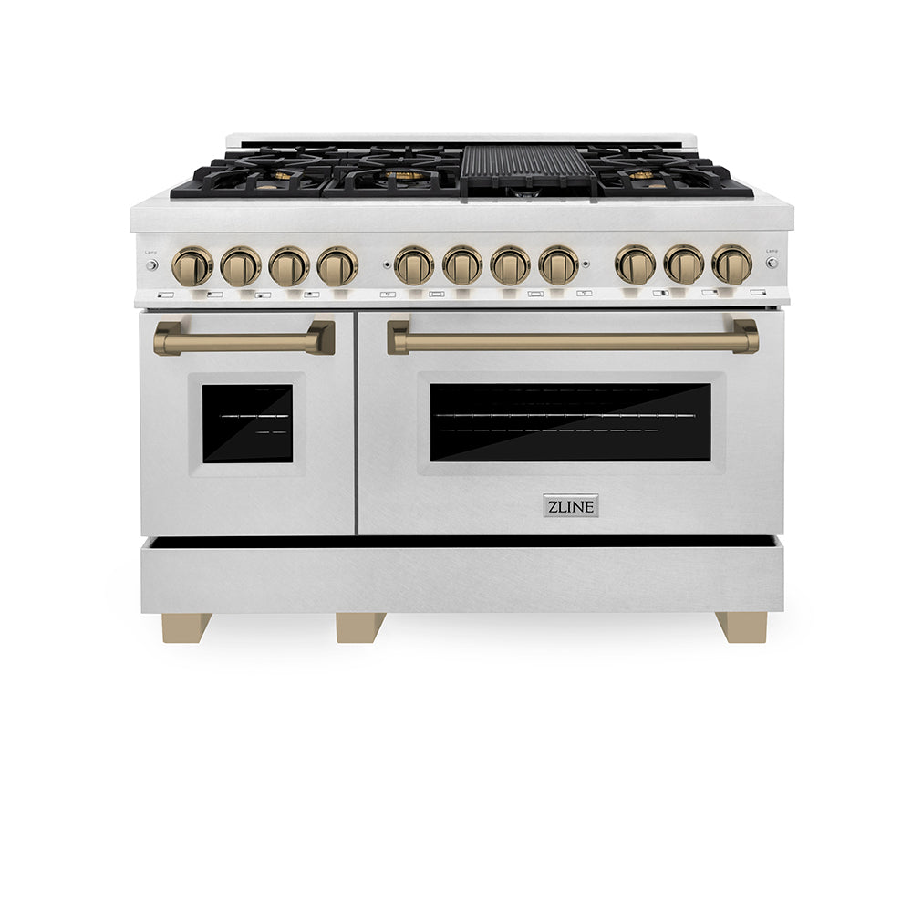 ZLINE Autograph Edition 48 in. 6.0 cu. ft. Legacy Dual Fuel Range with 7 Burner Gas Cooktop and 2 Electric Ovens in Satin Stainless Steel and Champagne Bronze Accents, Open Box-Good Condition