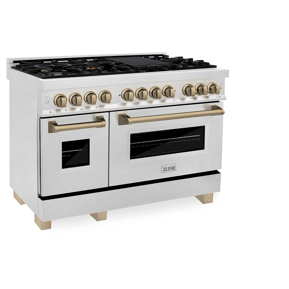 ZLINE Autograph Edition 48 in. 6.0 cu. ft. Legacy Dual Fuel Range with 7 Burner Gas Cooktop and 2 Electric Ovens in Satin Stainless Steel and Champagne Bronze Accents, Open Box-Good Condition