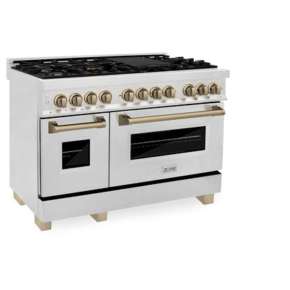 ZLINE Autograph Edition 48 in. 6.0 cu. ft. Legacy Dual Fuel Range with 7 Burner Gas Cooktop and 2 Electric Ovens in Satin Stainless Steel and Champagne Bronze Accents, Open Box-Great Condition