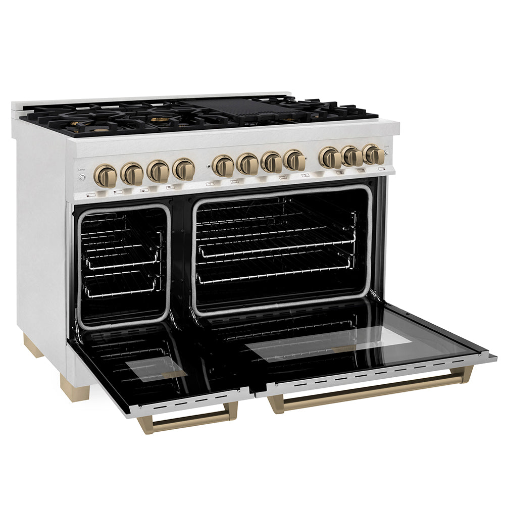 ZLINE Autograph Edition 48 in. 6.0 cu. ft. Legacy Dual Fuel Range with 7 Burner Gas Cooktop and 2 Electric Ovens in Satin Stainless Steel and Champagne Bronze Accents, Open Box-Good Condition