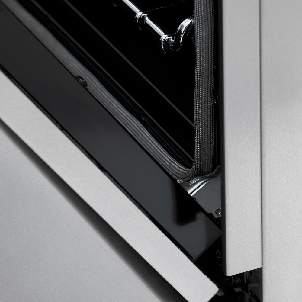 ZLINE Autograph Edition 48 in. 6.0 cu. ft. Legacy Dual Fuel Range with 7 Burner Gas Cooktop and 2 Electric Ovens in Satin Stainless Steel and Polished Gold Accents (RASZ-SN-48-G) StayPut oven door hinge.