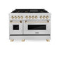 ZLINE Autograph Edition 48 in. 6.0 cu. ft. Legacy Dual Fuel Range with 7 Burner Gas Cooktop and 2 Electric Ovens in Satin Stainless Steel and Polished Gold Accents (RASZ-SN-48-G) front.