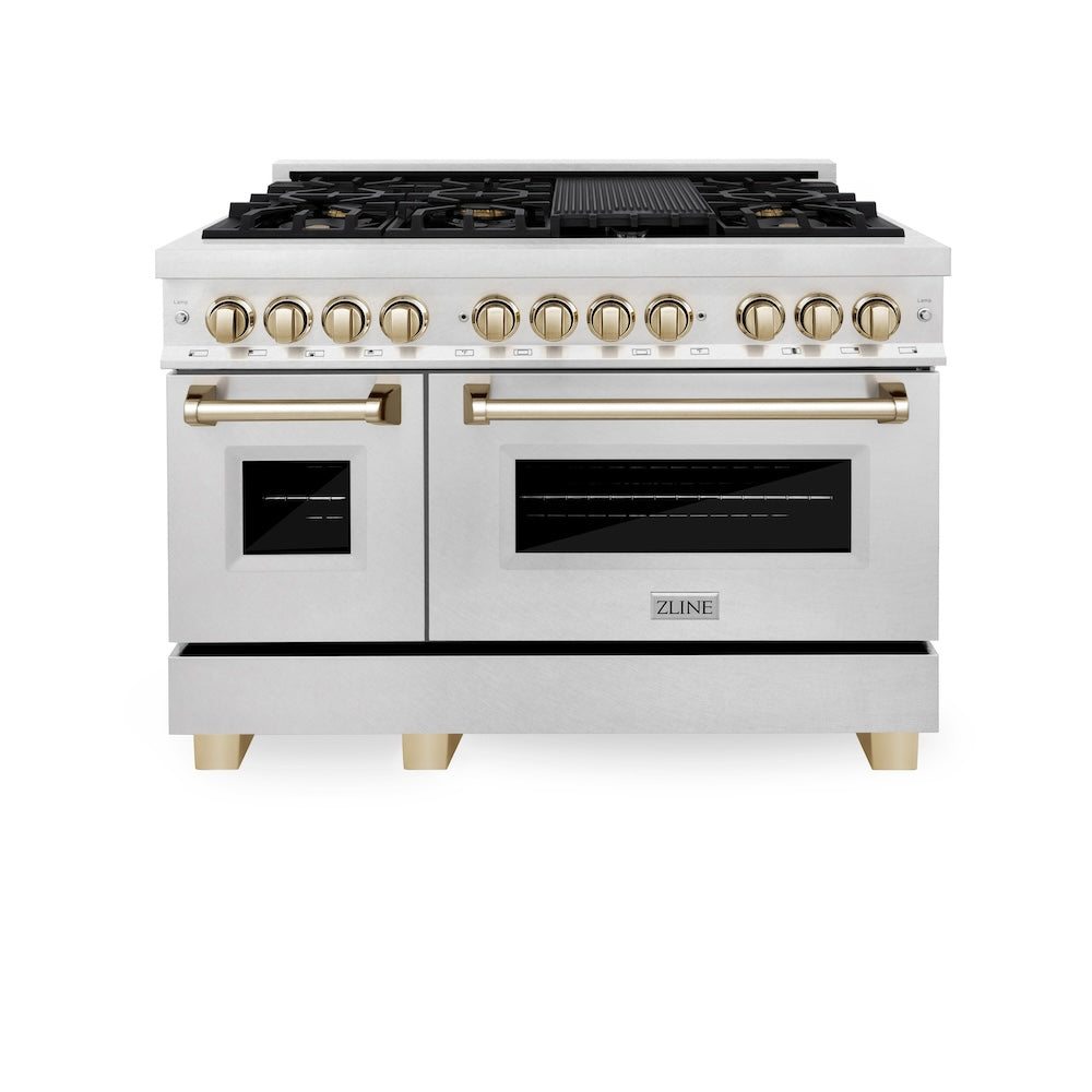ZLINE Autograph Edition 48 in. 6.0 cu. ft. Legacy Dual Fuel Range with 7 Burner Gas Cooktop and 2 Electric Ovens in Satin Stainless Steel and Polished Gold Accents (RASZ-SN-48-G) front.