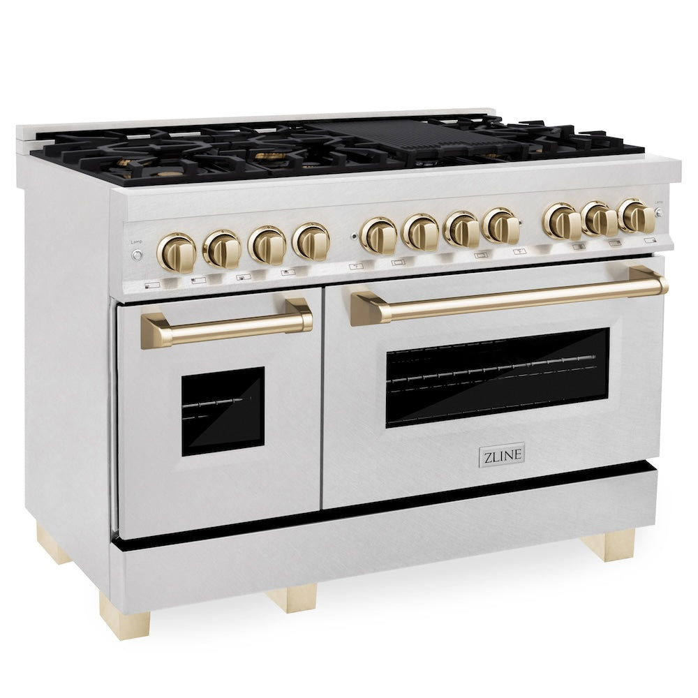 ZLINE Autograph Edition 48 in. 6.0 cu. ft. Legacy Dual Fuel Range with 7 Burner Gas Cooktop and 2 Electric Ovens in Satin Stainless Steel and Polished Gold Accents, Open Box-Good Condition
