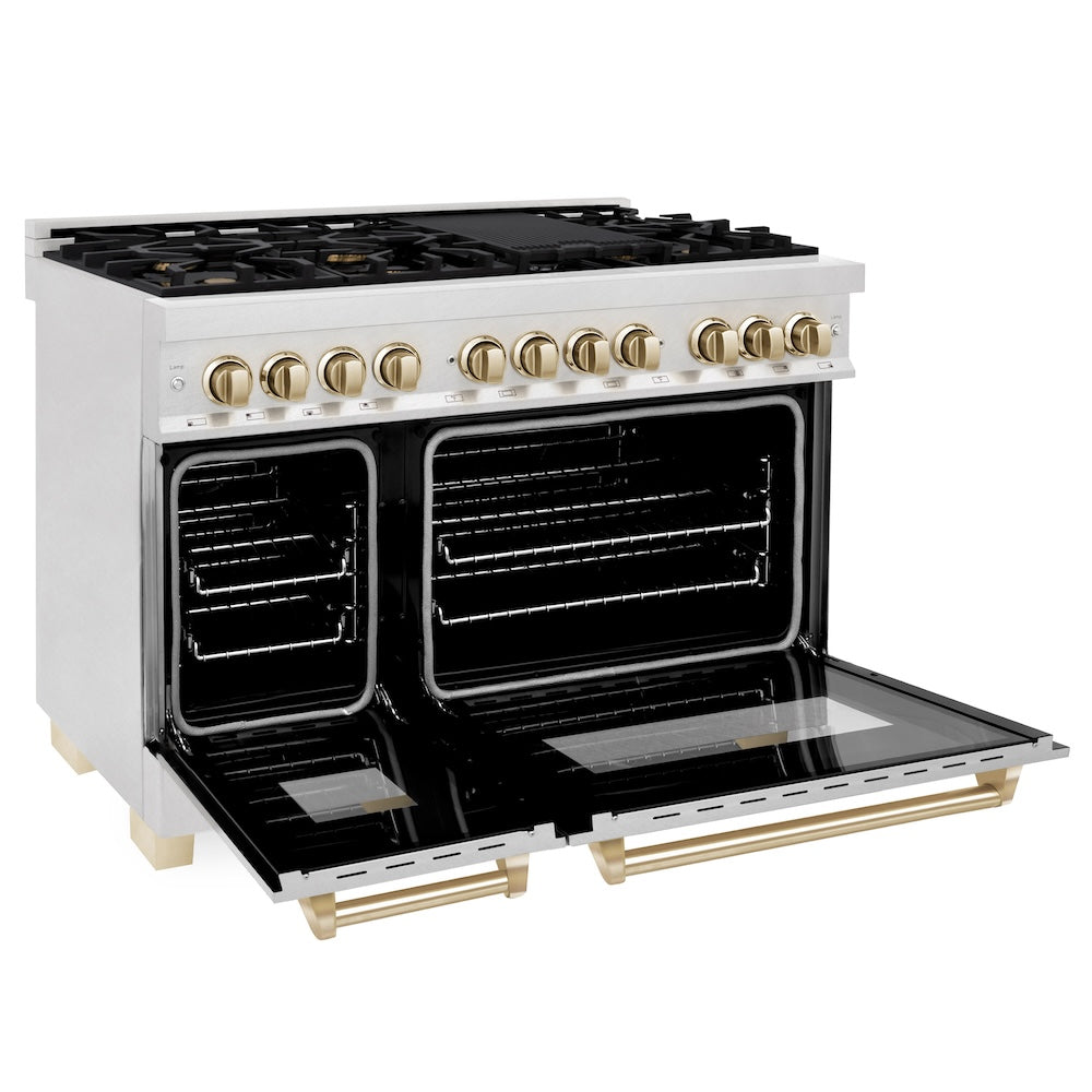 ZLINE Autograph Edition 48 in. 6.0 cu. ft. Legacy Dual Fuel Range with 7 Burner Gas Cooktop and 2 Electric Ovens in Satin Stainless Steel and Polished Gold Accents (RASZ-SN-48-G) side, oven open.