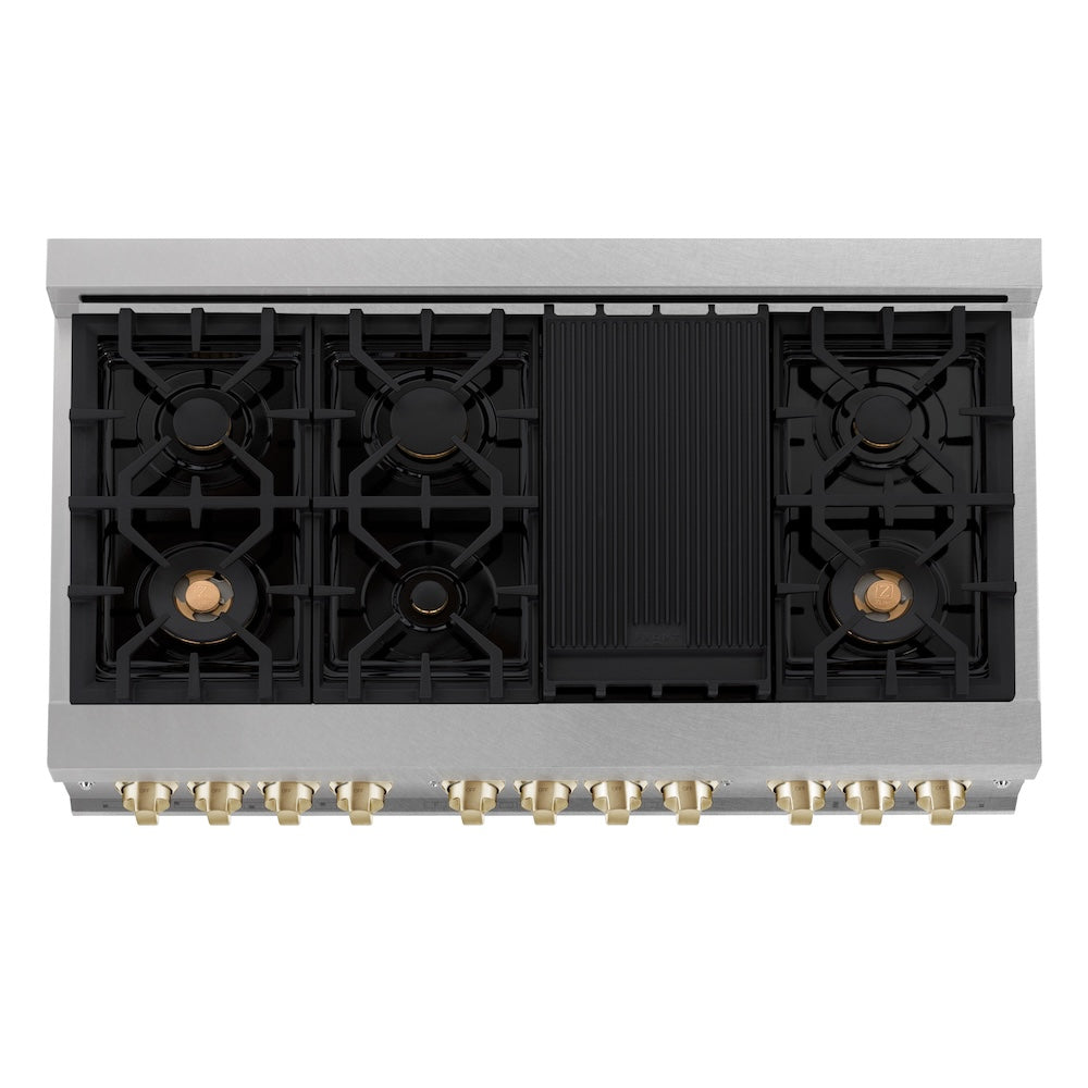ZLINE Autograph Edition 48 in. 6.0 cu. ft. Legacy Dual Fuel Range with 7 Burner Gas Cooktop and 2 Electric Ovens in Satin Stainless Steel and Polished Gold Accents (RASZ-SN-48-G) top-down, above cooktop.