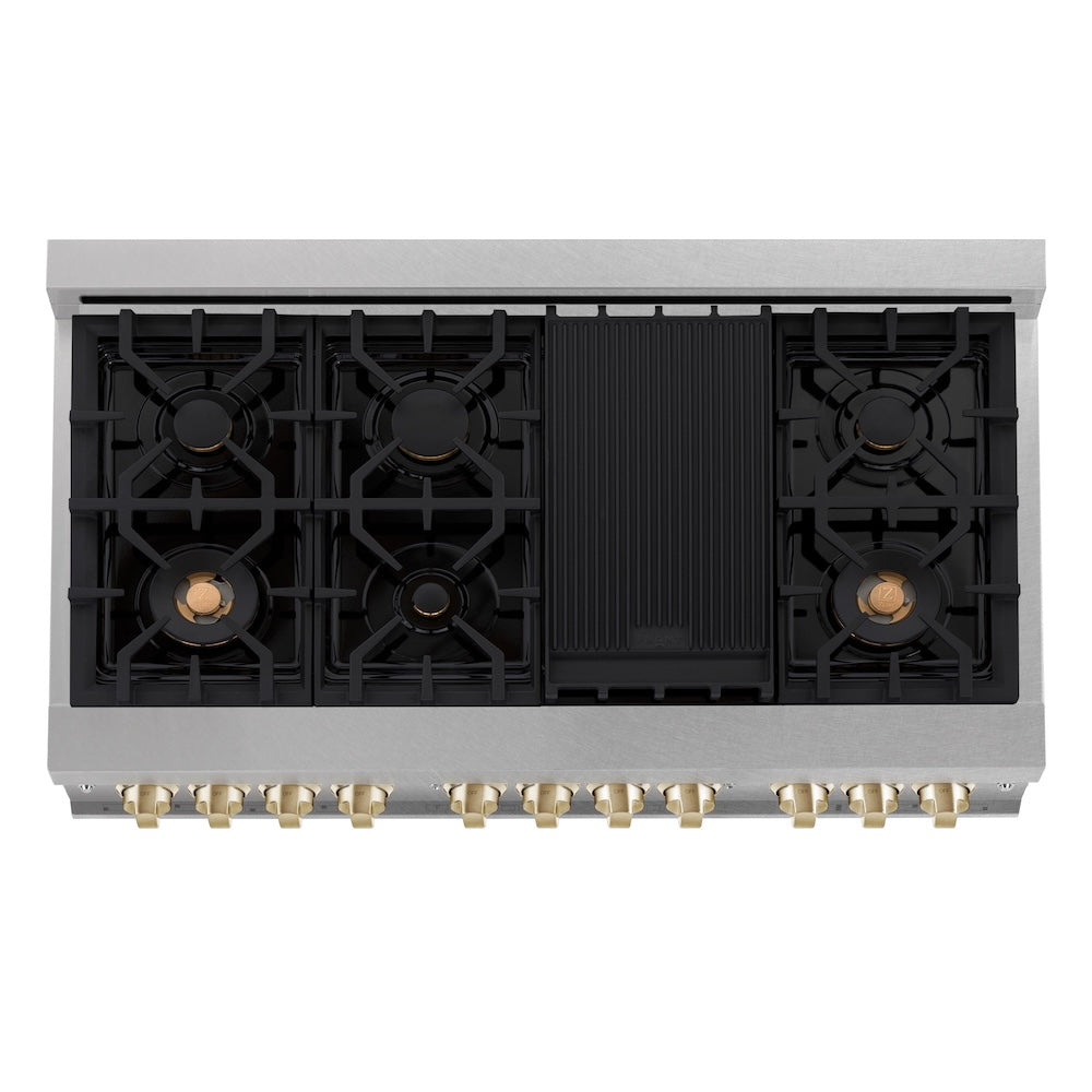 ZLINE Autograph Edition 48 in. 6.0 cu. ft. Legacy Dual Fuel Range with 7 Burner Gas Cooktop and 2 Electric Ovens in Satin Stainless Steel and Polished Gold Accents, Open Box-Good Condition