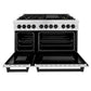ZLINE Autograph Edition 48 in. 6.0 cu. ft. Legacy Dual Fuel Range with 7 Burner Gas Cooktop and 2 Electric Ovens in Satin Stainless Steel and Matte Black Accents (RASZ-SN-48-MB) front, oven open.