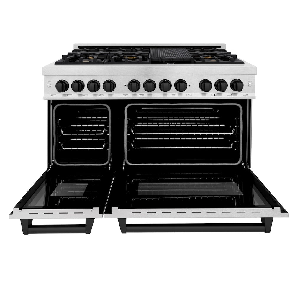 ZLINE Autograph Edition 48 in. 6.0 cu. ft. Legacy Dual Fuel Range with 7 Burner Gas Cooktop and 2 Electric Ovens in Satin Stainless Steel and Matte Black Accents, Open Box-Good Condition