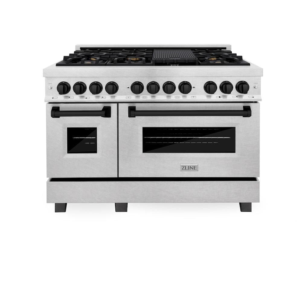 ZLINE Autograph Edition 48 in. 6.0 cu. ft. Legacy Dual Fuel Range with 7 Burner Gas Cooktop and 2 Electric Ovens in Satin Stainless Steel and Matte Black Accents, Open Box-Good Condition