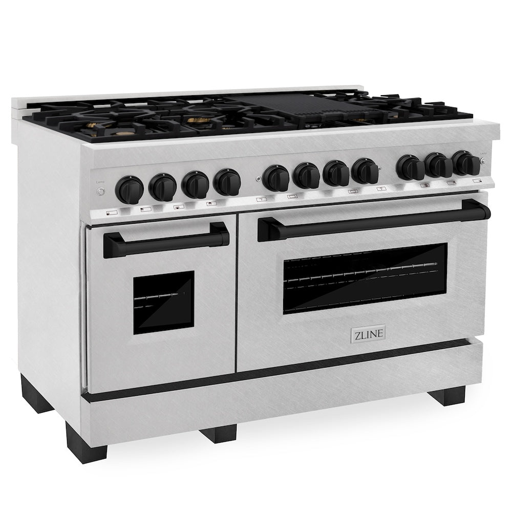 ZLINE Autograph Edition 48 in. 6.0 cu. ft. Legacy Dual Fuel Range with 7 Burner Gas Cooktop and 2 Electric Ovens in Satin Stainless Steel and Matte Black Accents (RASZ-SN-48-MB) main image.