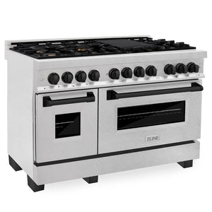 ZLINE Autograph Edition 48 in. 6.0 cu. ft. Legacy Dual Fuel Range with 7 Burner Gas Cooktop and 2 Electric Ovens in Satin Stainless Steel and Matte Black Accents (RASZ-SN-48-MB) main image.
