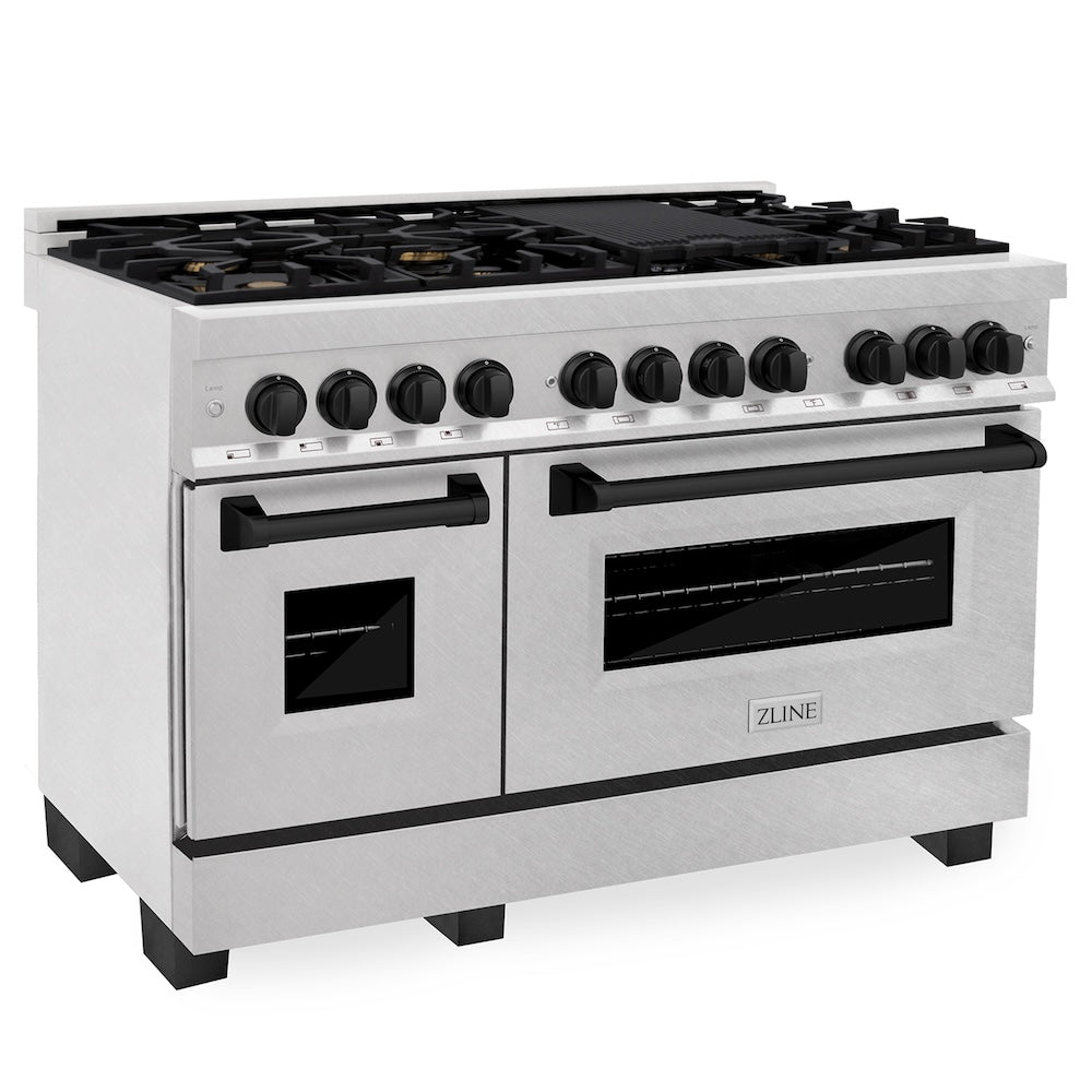 ZLINE Autograph Edition 48 in. 6.0 cu. ft. Legacy Dual Fuel Range with 7 Burner Gas Cooktop and 2 Electric Ovens in Satin Stainless Steel and Matte Black Accents, Open Box-Good Condition