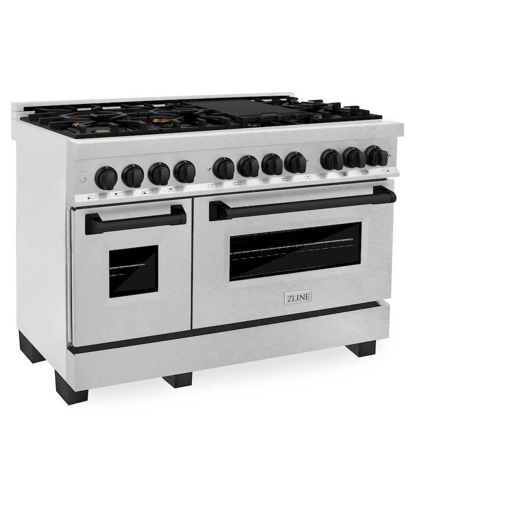 ZLINE Autograph Edition 48 in. 6.0 cu. ft. Legacy Dual Fuel Range with 7 Burner Gas Cooktop and 2 Electric Ovens in Satin Stainless Steel and Matte Black Accents (RASZ-SN-48-MB) side.