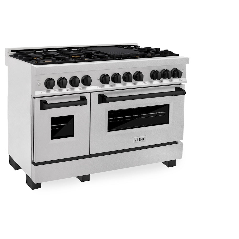 ZLINE Autograph Edition 48 in. 6.0 cu. ft. Legacy Dual Fuel Range with 7 Burner Gas Cooktop and 2 Electric Ovens in Satin Stainless Steel and Matte Black Accents, Open Box-Good Condition