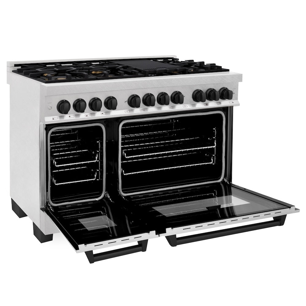 ZLINE Autograph Edition 48 in. 6.0 cu. ft. Legacy Dual Fuel Range with 7 Burner Gas Cooktop and 2 Electric Ovens in Satin Stainless Steel and Matte Black Accents, Open Box-Good Condition