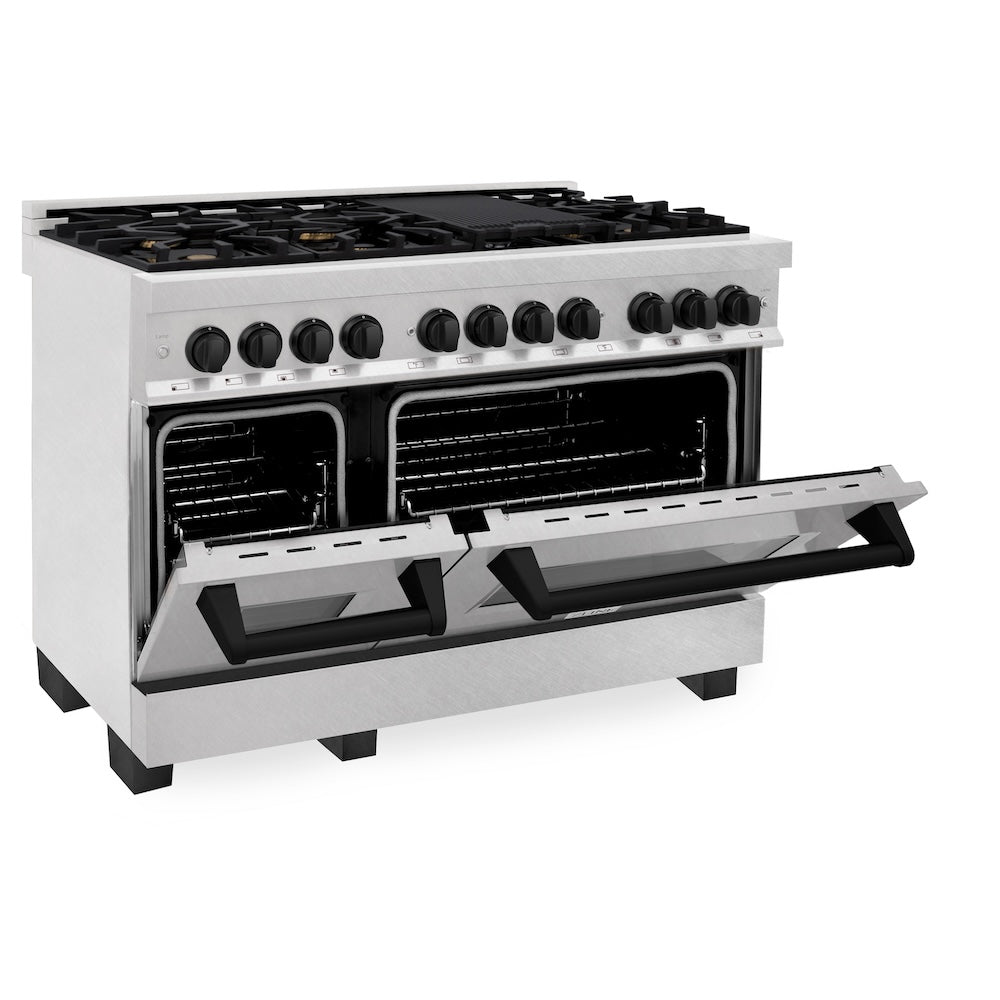 ZLINE Autograph Edition 48 in. 6.0 cu. ft. Legacy Dual Fuel Range with 7 Burner Gas Cooktop and 2 Electric Ovens in Satin Stainless Steel and Matte Black Accents, Open Box-Good Condition